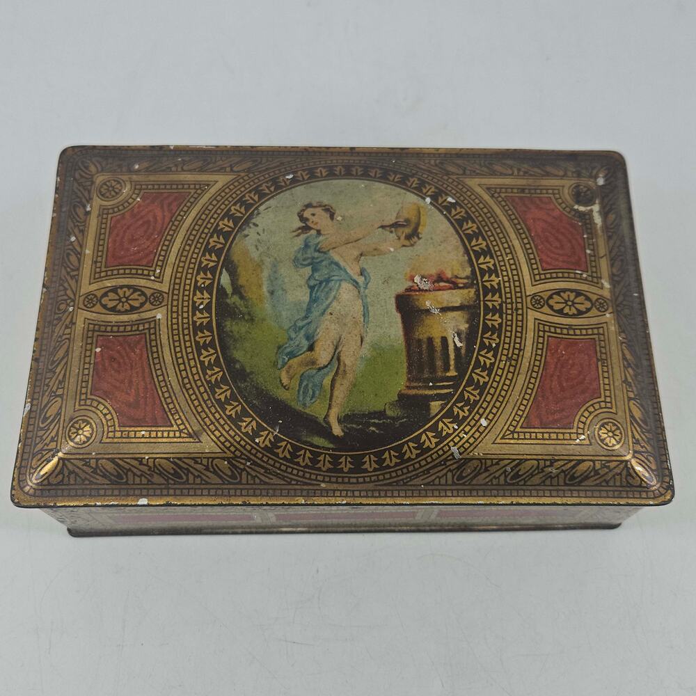 Vintage Art Deco 1920's Luxor Gold Red nymph Cosmetic Vanity Hinged Tin Box